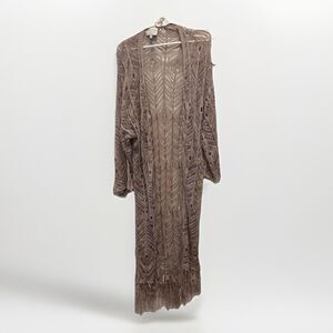 Hayden Los Angeles Boho Open Cardigan Sweater‎ Large Crochet Dusty Pink Fringe